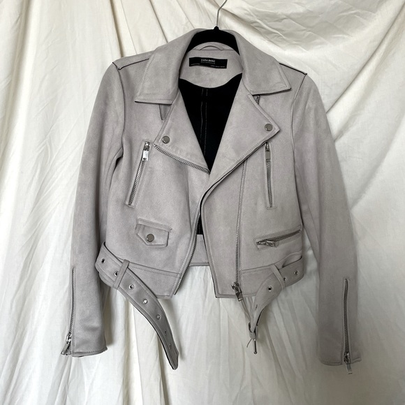 Zara Jackets & Blazers - Zara Light Grey Suede Moto Jacket with Belt